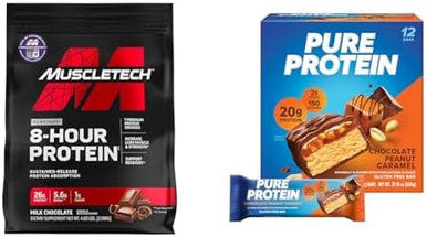 Muscletech Whey Protein Powder Bundle Phase8 4.6Lb Chocolate Protein Powder + Pure Protein Chocolate Peanut Caramel Protein Bars 12 Count