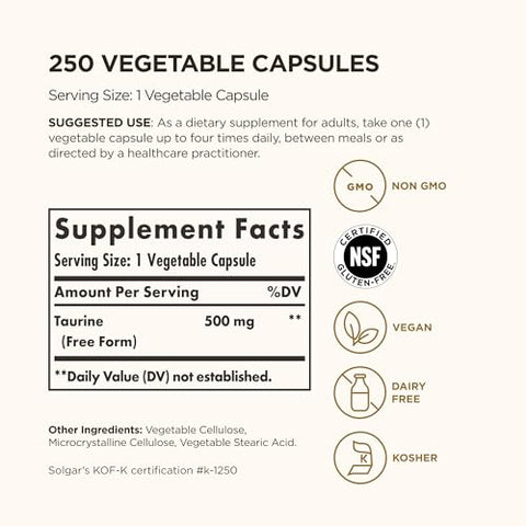 Solgar Taurine 500 Mg 250 Vegetable Capsules - Antioxidant - Brain Health - Amino Acid - Vegan Gluten Free Dairy Free Kosher 250 Servings
