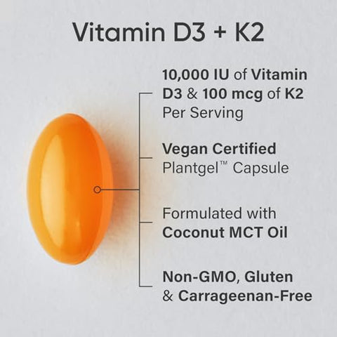 Sports Research Vitamin D3 K2 With 10000Iu Of Plant-Based D3 & 100Mcg Of Vitamin K2 As Mk-7 Non-Gmo Verified & Vegan Certified 60Ct