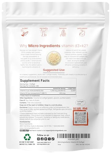 Micro Ingredients Vitamin D3 + K2 Mk 7 240 Softgels 50000 Iu