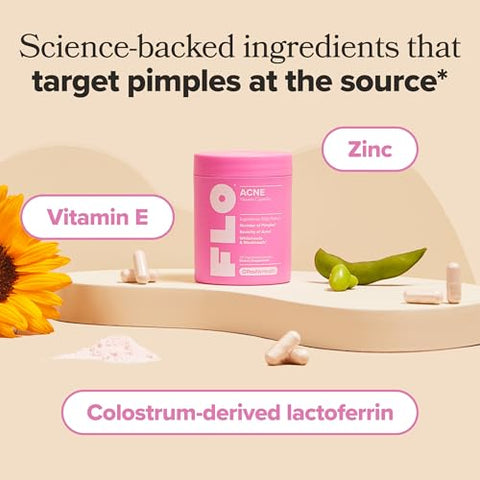 O Positiv Flo Acne Capsules Reduce Number And Severity Of Pimples Whiteheads Blackheads And Pustules On Face Back And Body Colostrum-Derived Lactoferrin Zinc And Vitamin E 30 Servings