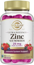 Solgar Zinc Gummies Adult Vitamin With 25Mg Ultra Potency Zinc Citrate For Immune Support Mixed Fruit Flavor Vegan Kosher and Gluten Gummy Supplements For Women and Men 2G Sugar 60 Servings