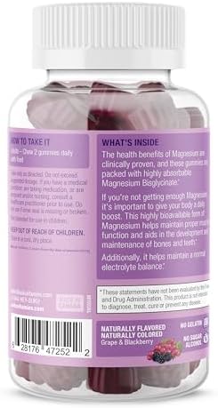 SUKU Vitamins Mega Strength Magnesium 177 mg of Magnesium Bisglycinate Gummies for Muscle Function Easy to Chew Non GMO Gluten Sugar Free Grape BlackBerry Flavored Gummy Vitamins (50 Count)
