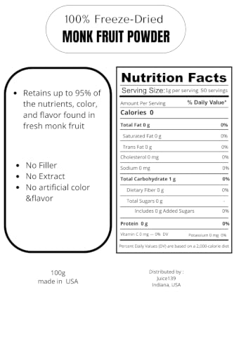 100% Freeze-Dried Monk Fruit Powder - Zero Aftertaste Natural Sugar Substitute - 100g Pure Whole-Fruit Sweetener, 15x Sweetness vs. Sugar, Zero-Heat Processed, No Fillers or Sugar Alcohols