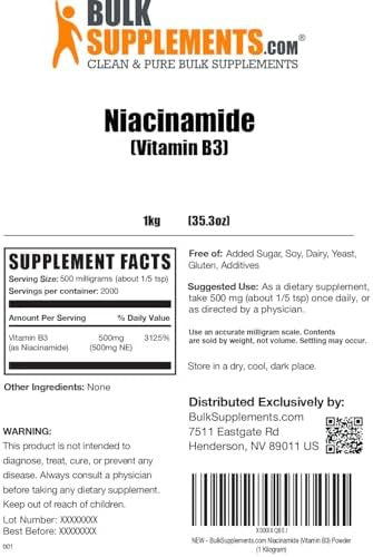 Bulksupplements.Com Niacinamide Powder - Niacinamide Supplement, Vitamin B3 Supplement, Niacinamide 500Mg - B3 Vitamins For Skin Health, Pure & Gluten - 500Mg Per Serving, 250G (8.8 Oz)