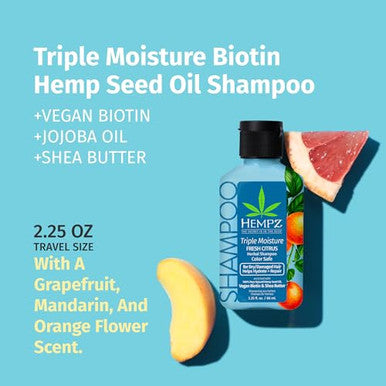 Hempz Biotin Hair Shampoo - Triple Moisture Peach & Grapefruit - For Growth & Strengthening Of Dry Damaged Hair - Travel Size 2.25 Fl Oz