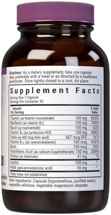 Bluebonnet Nutrition B Complex 100 Vegetable Capsules Complete Full Spectrum Vitamin B6 B12 Biotin Folate Vegan Vegetarian Gluten Soy Milk Kosher 50 Vegetable Capsules