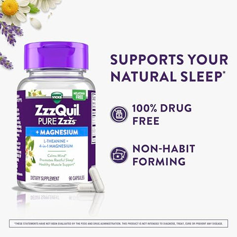 Vicks Zzzquil Pure Zzzs Magnesium Capsules L-Theanine And Magnesium Sleep Aid 4-In-1 Magnesium Citrate Bisglycinate Oxide And Carbonate Sleep Aids For Adults 90 Sleep Capsules