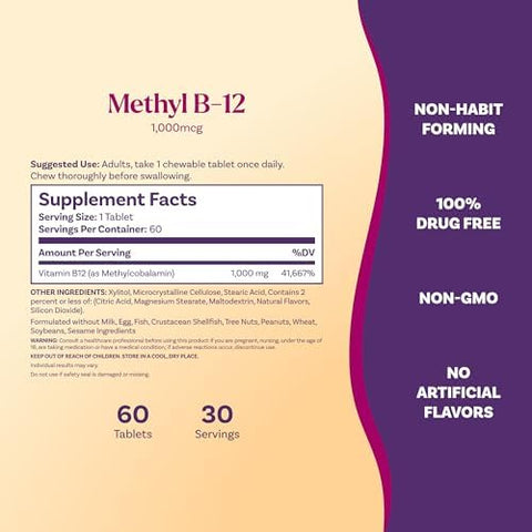 Natrol Methyl Vitamin B12 1000 Mcg 60 Chewable Tablets Lemon Flavored Bioactive B12 Vitamin Supports Cellular Energy Production Brain Health and Metabolism 60 Servings