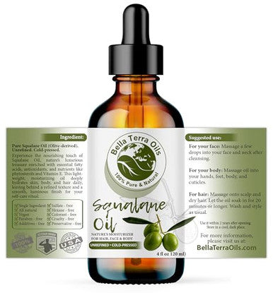 Bella Terra Oils - Organic Squalane Oil 4 Oz - Dive Into Organic Olive-Derived Ideal For Skin And Hair High In Vitamin E Promotes Supple & Radiant Skin