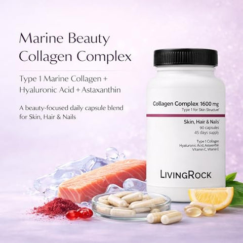 Livingrock Marine Beauty Collagen Complex For Skin Hair & Nails With Type 1 Marine Collagen Hyaluronic Acid Astaxanthin Vitamins C & E 90 Capsules 45-Day Supply