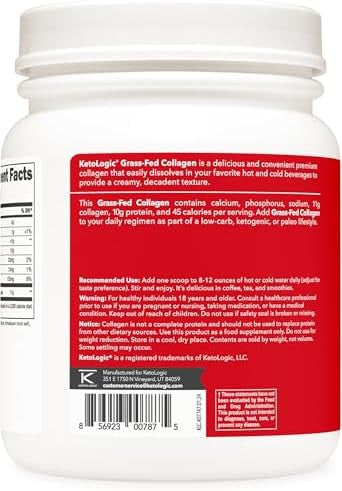 Ketologic Grass Fed Collagen Hydrolysate Powder (Vanilla) (1 Lb) 37 Servings 11 G Collagen Per Serving 10 G Protein Per Serving Grassfed Collagen Peptides