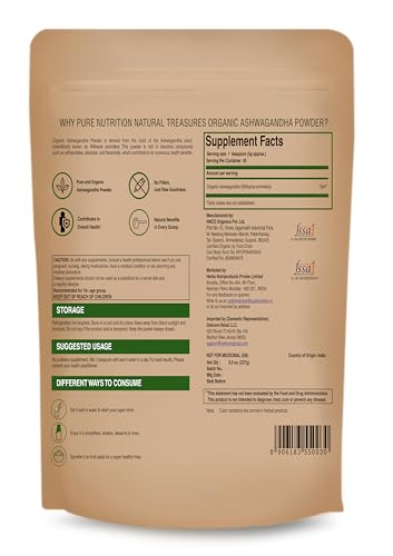 Pure Nutrition Organic Ashwagandha Powder 8 Oz (227 Grams) Usda Organic No Fillers No Additives 100 Pure And Natural Non Gmo Gluten Free