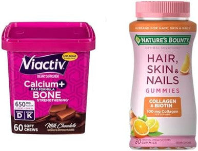 Viactiv Calcium +Vitamin D3 Supplement Soft Chews Milk Chocolate 60 Chews & Nature'S Bounty Optimal Solutions Hair Skin & Nails With Biotin And Collagen