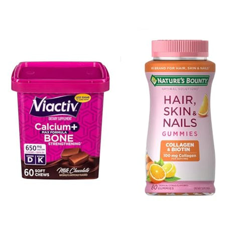 Viactiv Calcium +Vitamin D3 Supplement Soft Chews Milk Chocolate 60 Chews and Nature's Bounty Optimal Solutions Hair Skin and Nails with Biotin and Collagen