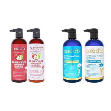 Pura D'Or Apple Cider Vinegar Thin2Thick Set (16Oz X 2) Acv Shampoo & Conditioner Clarifying - Biotin Keratin Caffeine Castor Oil Aloe - All Hair Types Men & Women (Packaging May Vary)