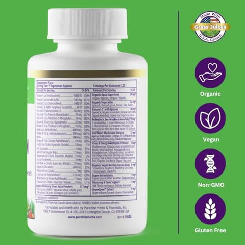 Paradise Herbs Earth's Blend Once Daily Multivitamin with Iron 48 Organic Superfoods Probiotics Antioxidants Vitamins A B12 C D K2 120 Capsules