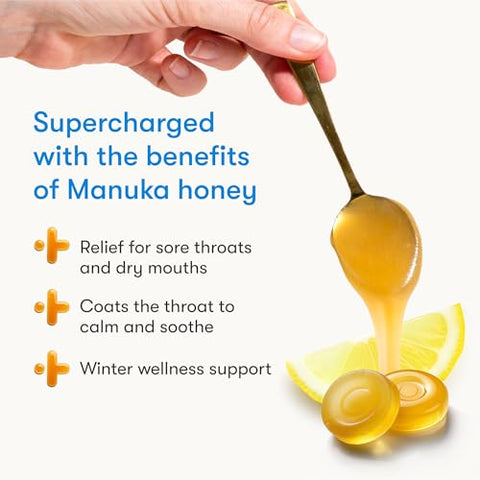 New Zealand Honey Co. Manuka Soothing Drops Lemon MGO 250+ (16 Count) + Raw Manuka Honey UMF 15+ MGO 514+ (8.8oz/250g)