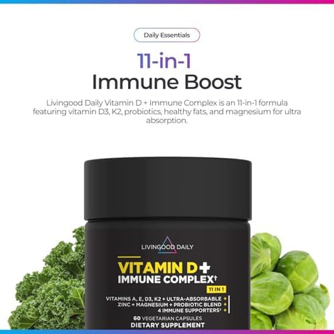 Livingood Daily Vitamin D3 K2 4000 IU Supplement 9in1 Dietary Supplement for Immune Support Made with Vitamins D A E K2 Zinc Magnesium and Probiotic Blend for Maximum Absorption 60 Capsules