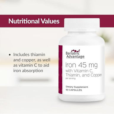Bariatric Advantage Iron 45 Mg With Vitamin C Thiamin And Copper For Increased Absorption And Utilization Easily Digestible For Gastric Bypass And Sleeve Gastrectomy Surgery Patients 60 Count
