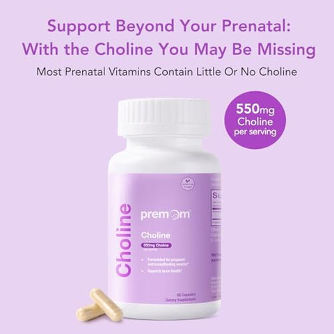 Premom Prenatal Choline Bitartrate Supplement: 550Mg For Cognitive Development Meet Daily Needs" Nutritional Support For Pregnancy & Metabolism Baby Brain Development " 60 Capsules 30 Days Supply