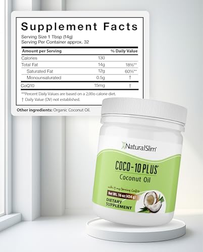 NaturalSlim Coconut Oil with CoQ10 - MCT Oil Organic Coconut Oil for Baking, Mixing with Shake, Smoothies, Coffee, or Ingest Directly - Boost Energy, Metabolism and Immune System Fresh Flavor