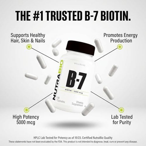 Nutrabio Biotin (Vitamin B7) Supplement 5000Mcg May Help Promote Healthy Hair Skin And Nails 90 Vegetable Capsules