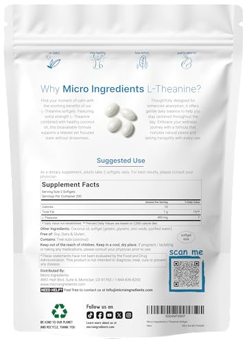 Micro Ingredients L-Theanine 400Mg 400 Softgels Highly Bioavailable With Coconut Oil Extra Strength Theanine Amino Acid Calm & Relaxation Support Focus Supplement Non-Gmo Gluten Free
