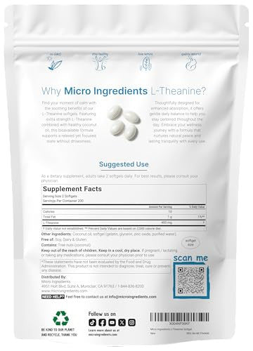 Micro Ingredients L-Theanine 400Mg 400 Softgels Highly Bioavailable With Coconut Oil Extra Strength Theanine Amino Acid Calm & Relaxation Support Focus Supplement Non-Gmo Gluten Free