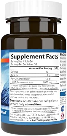 Carlson Elite DHA Gems 1000 mg DHA Supports Healthy Brain Function and Vision 30 soft gels