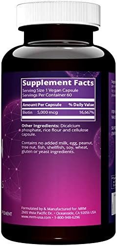 MRM Nutrition Biotin Capsules for Womem and Men 5000 mcg 60 Servings Supports Hair Growth Healthy Skin and Nails Vegan B7 Supplement for Cellular Energy Keratin Strength and Nutrient Metabolism