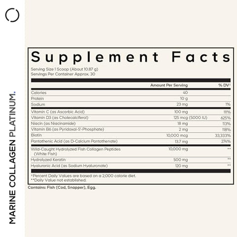 Codeage Marine Collagen Protein Powder Supplement Platinum - Biotin 10000 Mcg Vitamin C D3 & B6 Keratin Hyaluronic Acid Niacin Wild Caught Hydrolyzed Fish Collagen Peptides - Non-Gmo 11.50 Oz