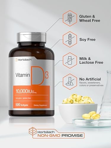 Horbaach Vitamin D3 10000 IU 500 Softgels NonGMO Gluten Free Supplement Value Size 250mcg High Potency Formula