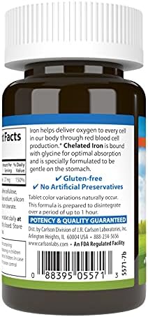 Carlson Chelated Iron 27 mg Superior Absorption Blood Health Energy Utilization and Optimal Wellness 100 Tablets
