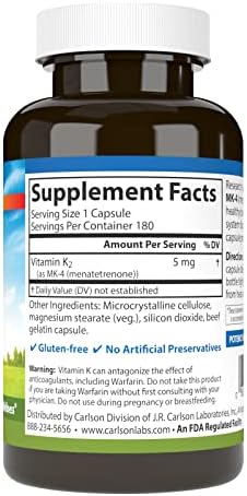 Carlson Vitamin K2 MK4 (Menatetrenone) 5 mg Vitamin K Supplement Bone Support K2 Vitamin SoyFree Vitamin K2 180 Capsules