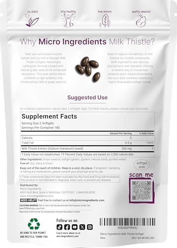 Micro Ingredients Milk Thistle Supplement 360 Softgels With Grape Seed Oil Highly Bioavailable Extract Contains Active Silymarin Antioxidants
