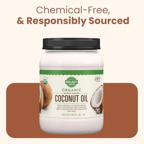Wellsley Farms Organic Extra Virgin Coconut Oil - Unrefined, 100% Pure & Natural - Vegan, Non-GMO, Gluten-Free and Keto-Friendly Cooking Coconut Oil - Ideal for Skin Care & Hair Care - 54 oz (1 Pack)