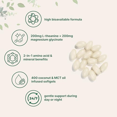 Micro Ingredients L-Theanine 200Mg With Magnesium Glycinate 400 Coconut Mct Oil Softgels 2-In-1 Amino Acid & Mineral Complex Gentle Care All Day & Night
