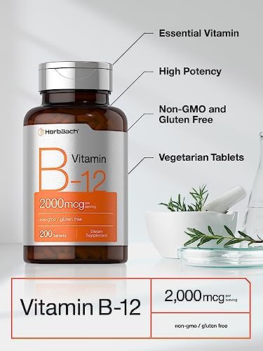 Horbaach B12 Vitamin 2000 mcg 200 Tablets Vegetarian Supplement NonGMO and Gluten Free