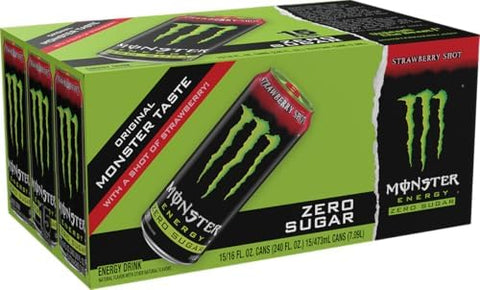 Monster Energy Zero Sugar Strawberry Shot, Green, Original, Sugar Free Energy Drink, 16 Ounce (Pack of 15)
