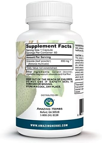 Amazing Herbs Graviolaex Anona Muricata - 100% Pure Graviola (Soursop) Extract, Natural Health From The Rain Forest, Herbal Dietary Supplement - 60 Count (Pack Of 1)