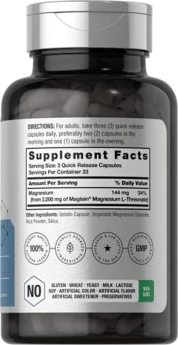 Horbaach Magtein Magnesium LThreonate 2000mg Supplement 100 Capsules for Men and Women NonGMO and Gluten Free