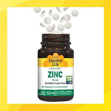 Country Life Chelated Zinc 50 Mg - Certified Gluten-& Vegan Immune Support Supplement, Enhances Zinc Absorption, Supports Body'S Protein Production & Cellular Health, 100 Vegetarian Tablets