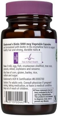 Bluebonnet Nutrition Biotin 5000 Mcg Hair & Nail Support Nongmo Vegan Kosher Gluten Soy Dairy 60 Vegetable Capsules 60 Servings