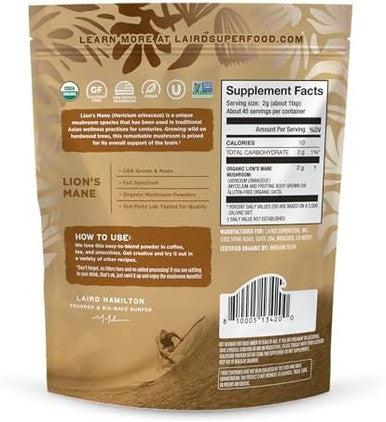 Laird Superfood Organic Lions Mane Mushroom Powder For Cognitive Function And Immune Support 3.17 Oz. Bag Pack Of 1
