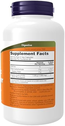 Now Foods Supplements Prebiotic Inulin Fiber Intestinal Support Nourishes Friendly Bacteria Made With Organic Inulin 180 Veg Capsules