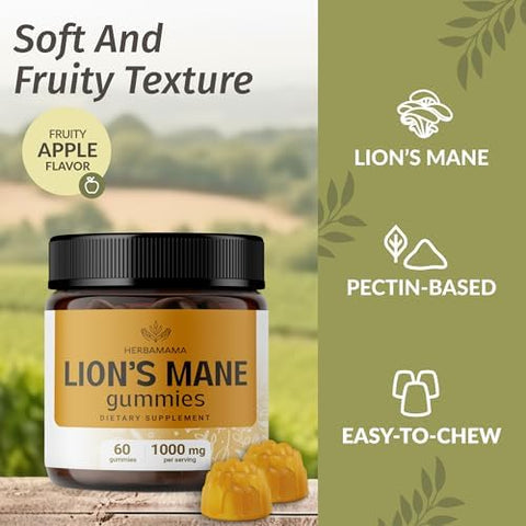Herbamama Lion'S Mane Gummies - 1000Mg Lion'S Mane Mushroom For Brain Clarity Support - Vegan Non-Gmo Focus Supplement For Adults - 60 Pectin-Based Apple-Flavored Chews