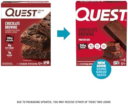 Quest Nutrition Chocolate Brownie Protein Bars, 20g Protein, 4g Net Carbs, 1g Sugar, High Fiber, Gluten Free, Keto Friendly, 4 Count