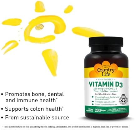 Country Life Vitamin D3 10000 IU High Potency NonFish Source Bone and Immune Support Certified GlutenFree 200 Softgels