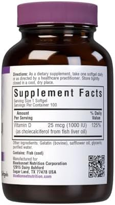 Bluebonnet Nutrition Vitamin D3 1000 Iu Softgels Aids In Muscle And Skeletal Growth Cholecalciferol From Fish Oil Non Gmo Gluten Soy Dairy 100 Softgels